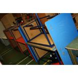 TEN COLOURED CLASSROOM TABLES, eight blue and two red some stamped Pel to the underside all