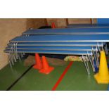 FOUR GOPAK FOLDING AND STACKING BENCHES, blue with aluminium edges and legs, 183x25cm