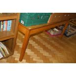 AN OAK LIBRARY TABLE, with solid oak legs and a veneered top, 183x63x77cm high (s.d)