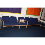 A MORLEY'S CONFERENCE ROOM THREE SEAT SOFA, TWO SEAT SOFA AND A CHAIR, upholstered in blue over a