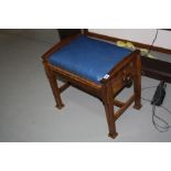 A VICTORIAN ROSEWOOD CANTILEVER PIANO STOOL, with blue leatherette seat, 53x36x50cm high