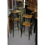 SIX WOODEN AND METAL SCIENCE LAB STOOLS, rectangular tops, approximate height, three at 61cm and