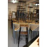 FOUR WOODEN AND METAL SCIENCE LAB STOOLS, rectangular tops, approximate height 71cm (4)