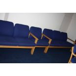 A MORLEY'S CONFERENCE ROOM THREE SEAT SOFA, TWO SEAT SOFA AND A CHAIRS, upholstered in blue over a
