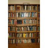 AN OAK VENEERED STANDING BOOKCASE, with five adjustable shelves, 101x35x200cm high (s.d) (content