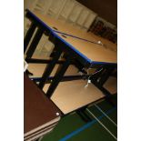 FOUR MATCHING I.T. OFFICE TABLES WITH A BEECH EFFECT TOP, with blue rubber edging, cable