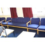 A MORLEY'S CONFERENCE ROOM THREE SEAT SOFA AND TWO CHAIRS, upholstered in blue over a beechwood