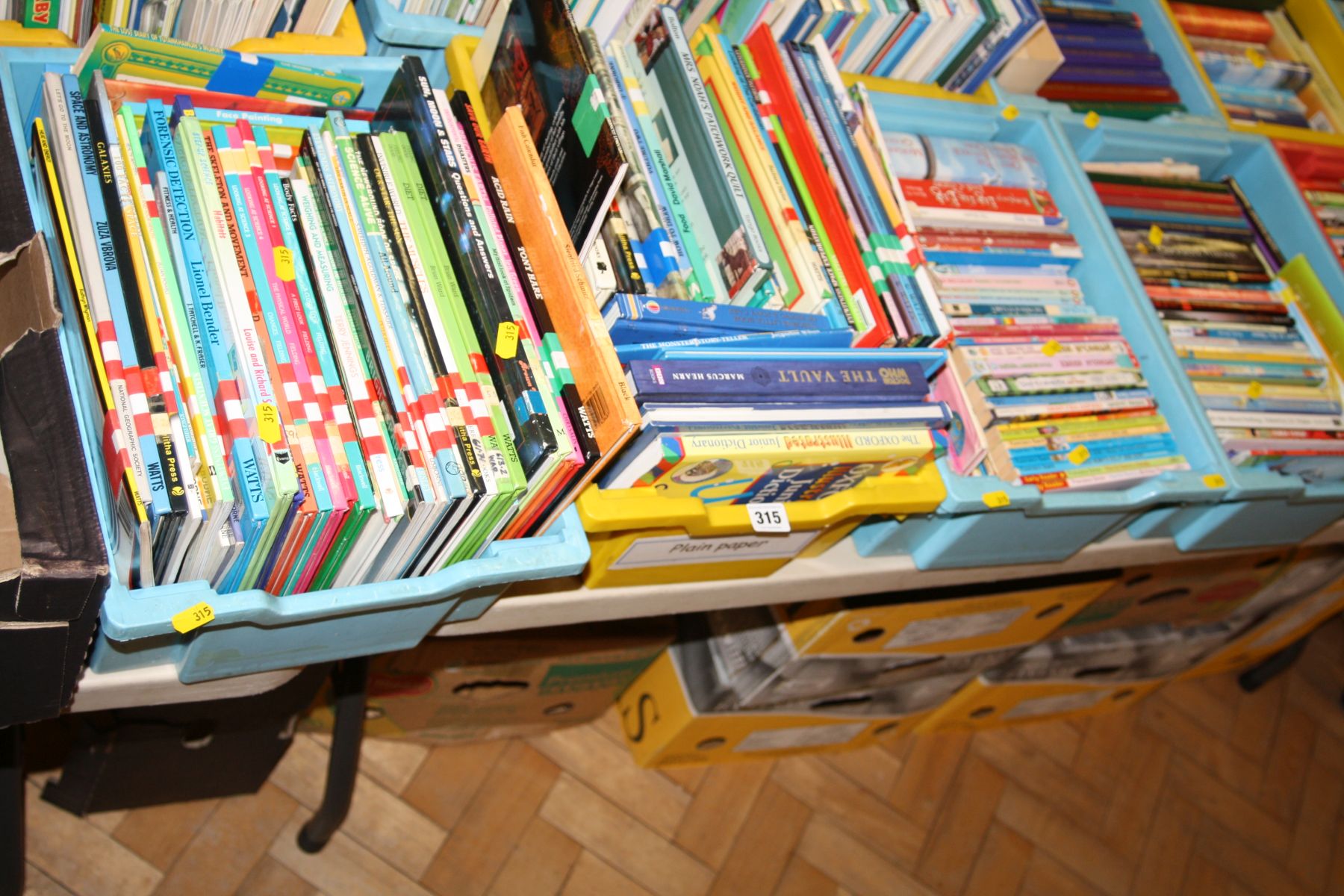 FOUR TRAYS CONTAINING CHILDREN REFERENCE AND STORY BOOKS