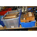 TWO BOXES OF WOODEN AND METAL TEST TUBE RACKS (2)