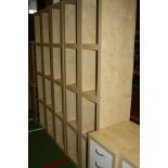 FIVE MODERN MAPLE EFFECT TALL NARROW BOOKCASES, with four fixed shelves 35x38x190cm high (s.d)