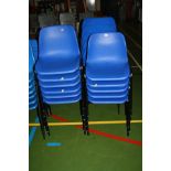 ELEVEN BLUE STACKING CLASSROOM CHAIRS, with black tubular metal legs (s.d)