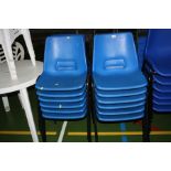 ELEVEN BLUE STACKING CLASSROOM CHAIRS, with black tubular metal legs (s.d)