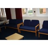 TWO MORLEY'S CONFERENCE ROOM SOFAS, upholstered in blue over a beechwood frame, three seater sofa