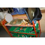 A TROLLEY OF PERCUSSION INSTRUMENTS, including cymbals, marracas, bells, tambourines, etc