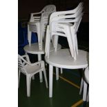 TWO WHITE PLASTIC GARDEN TABLES AND NINE VARIOUS CHAIRS, (s.d)