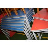 SIX STACKING CLASSROOM TABLES, with blue melamine top, grey rubber edges and tubular metal legs