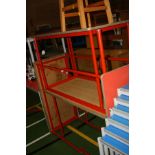 FIVE RED CLASSROOM TABLES, with red melamine top, rubber edges and tubular metal legs