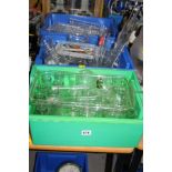 THREE BOXES OF SCIENCE LAB EQUIPMENT, comprising beakers, test tubes, flasks, etc