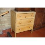 A STRIPPED PINE VICTORIAN CHEST OF THREE LONG DRAWERS, on legs, with six turned handles 74x44x84cm