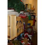 CONTENTS OF FIVE SHELVES, including a dolls house, dressing up clothes, Christmas decorations, etc