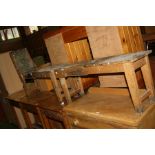 TWO VINTAGE BEECHWOOD ARTISTS BENCHES, with lift up easel at one end 101x30x43cm high (s.d)