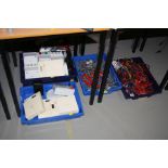 SIX TRAYS OF SCIENCE LESSON EQUIPMENT, including leads, soldering irons, scales, digital stop