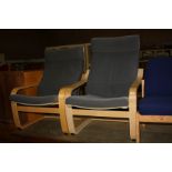 A PAIR OF IKEA EASY CHAIRS, with bentwood maple frame and light grey upholstery (s.d)