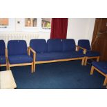 A MORLEY'S CONFERENCE ROOM THREE SEAT SOFA AND TWO CHAIRS, upholstered in blue over a beechwood