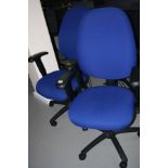 A PAIR OF BLUE SWIVEL OFFICE CHAIRS, with pneumatic back support