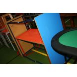 TWO BLUE AND ONE RED CLASSROOM TABLES, with tubular metal legs, melamine top with rubber edges