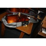 AN EXCELSIOR BY BOOSEY AND HAWKES 1/4 SIZE CELLO, with soft case and bow 98cm long