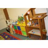 AN OPEN BESPOKE DOLLS HOUSE, a child's kitchen unit, a school unit with plastic drawers and a