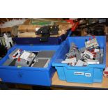 FOUR TRAYS OF SHUNTS, meters, hand held microscopes, etc