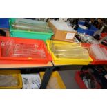 SIX BOXES OF PLASTIC AND GLASS LAB EQUIPMENT, including thermometers, flasks, pipettes, syringes,