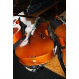 A GERMAN MADE 3/4 SIZE CELLO, with bow and soft case (missing tailpiece and spike)