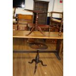 A GEORGIAN OAK TRIPOD TABLE, with turned centre column and 57cm square top with sniped corners and a