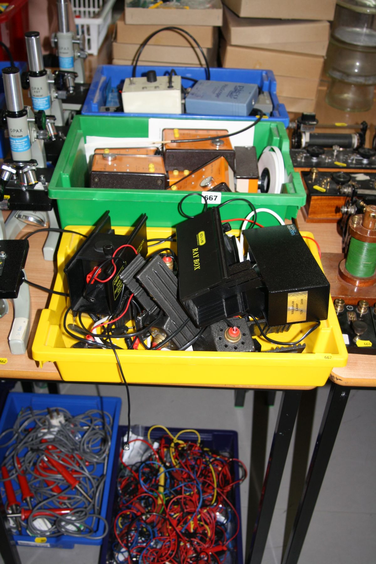 THREE BOXES OF SCIENTIFIC EQUIPMENT, including ticker timers, lamps, ray boxes, etc