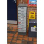 A VINTAGE GREY METAL CHEST OF NINE OFFICE DRAWERS, 28x40x97cm high (s.d)