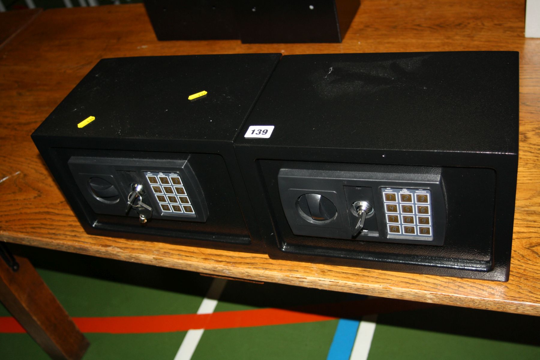 TWO BLACK ELECTRONIC PERSONAL SAFES, 23x17x17cm high (three keys)