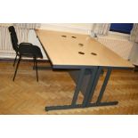 TWO OFFICE TABLES, with beechwood effect tops over grey metal legs with two cable apertures and