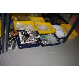 A QUANTITY OF LAB EQUIPMENT IN EIGHT BOXES AND TRAYS, etc, including plastic funnels, syringes,