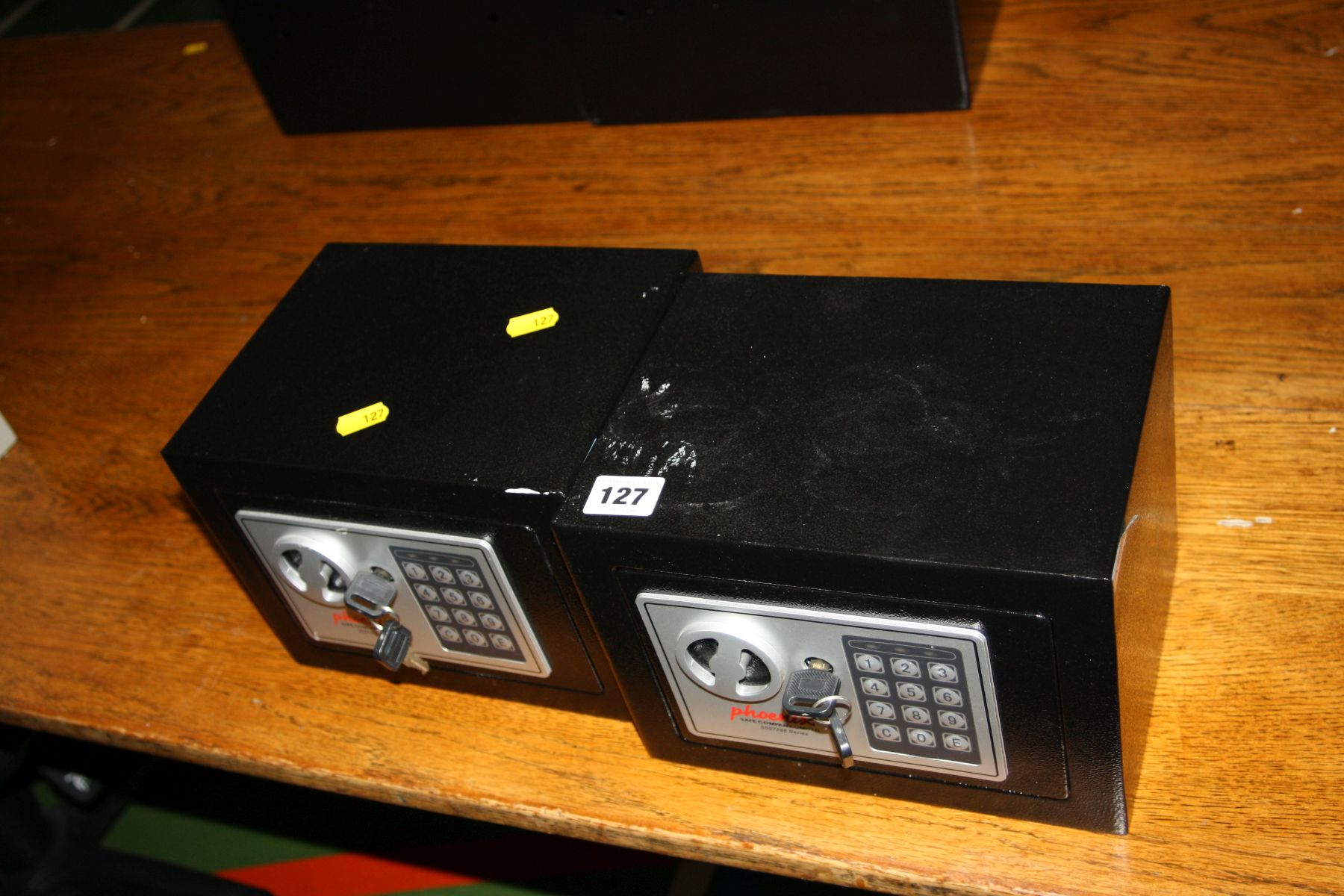 TWO BLACK PHEONIX ELECTRONIC PERSONAL SAFES, 23x17x17cm high (four keys)