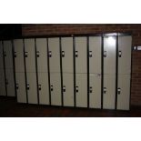 NINE DOUBLE METAL LOCKERS, all connected (eighteen lockers), 270x45x170cm (s.d)