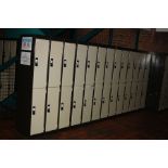 THIRTEEN DOUBLE METAL LOCKERS, connected as a ten and a three (twenty six lockers), 360x45x170cm (