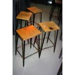 FOUR WOODEN AND METAL SCIENCE LAB STOOLS, rectangular tops, height 61cm (4)