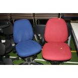 TWO ADJUSTABLE OFFICE CHAIRS, one blue with arm supports the other red with no arms (s.d)