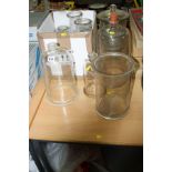 A COLLECTIN OF GLASS JARS AND CYLINDARS, ETC, for scientific experiments (box and 5 loose)