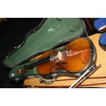 AN UNNAMED FULL SIZE VIOLA, with two bows and a hard case