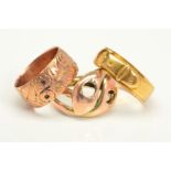 THREE LATE 19TH TO EARLY 20TH CENTURY GOLD RINGS, the first a 9ct gold double snake ring (gems