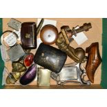 A BOX OF COLLECTABLES, including a gilt bronze door knocker in the form of a lady's hand holding